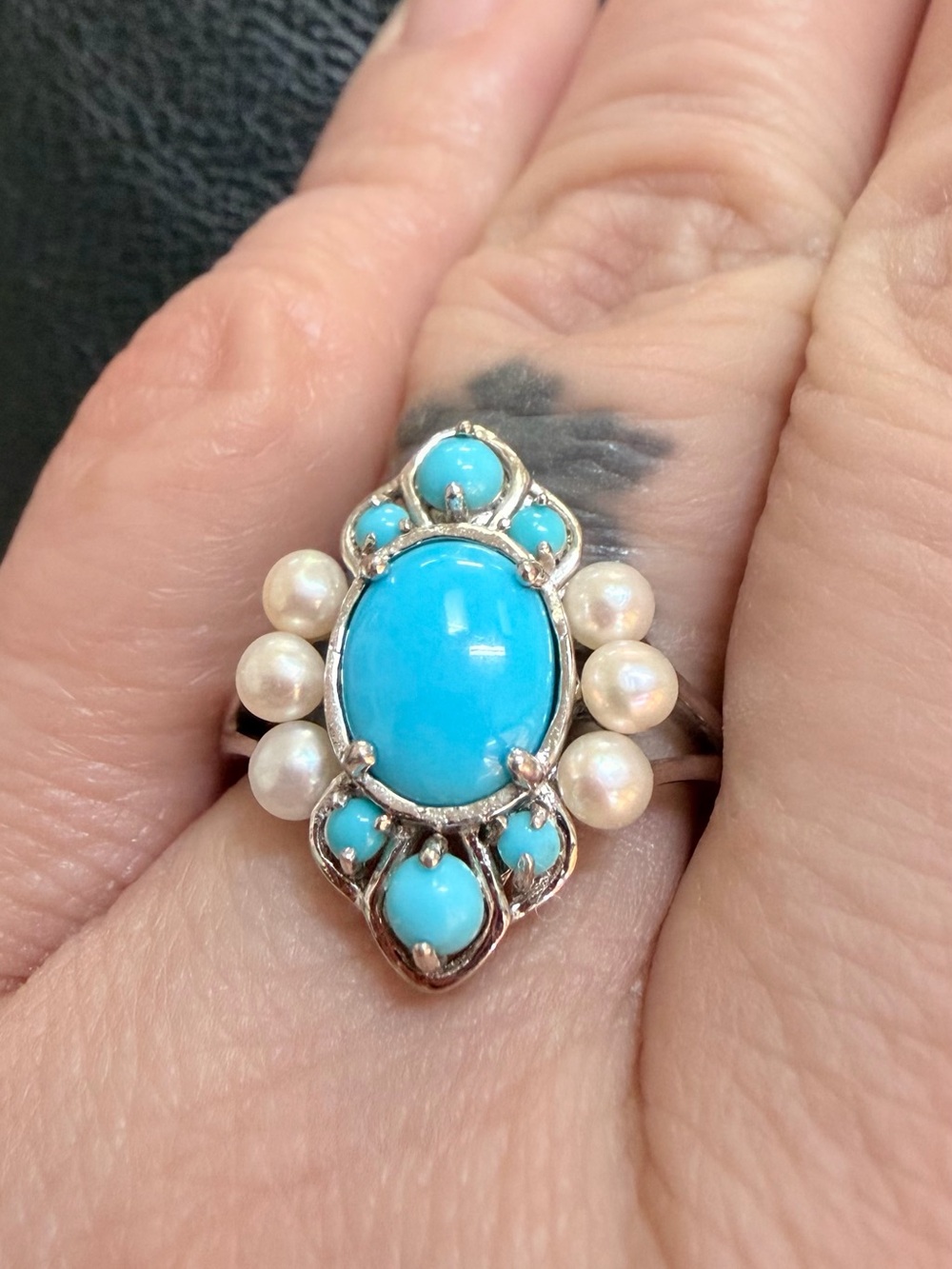 Turquoise and Pearl Sterling-Style Statement Ring - Bright Blue Accent